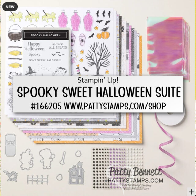 Spooky Sweet Halloween Suite of papercrafting products. A Halloween-themed craft kit with papers, stamps, dies, and embellishments featuring pumpkins, ghosts, witches, bats, and autumn scenes. A pink-purple iridescent sheet is included. Text overlay: "Spooky Sweet Halloween Suite #166205 www.pattystamps.com/shop. To read more, visit Patty Stamps (pattystamps.com)