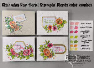 Four handmade floral cards with textured white backgrounds and colorful flower designs are shown. Each card features a greeting and vibrant flowers colored with Stampin’ Blends in pink, coral, yellow, and green shades. A color swatch chart is on the right. To read more, visit Patty Stamps (pattystamps.com)