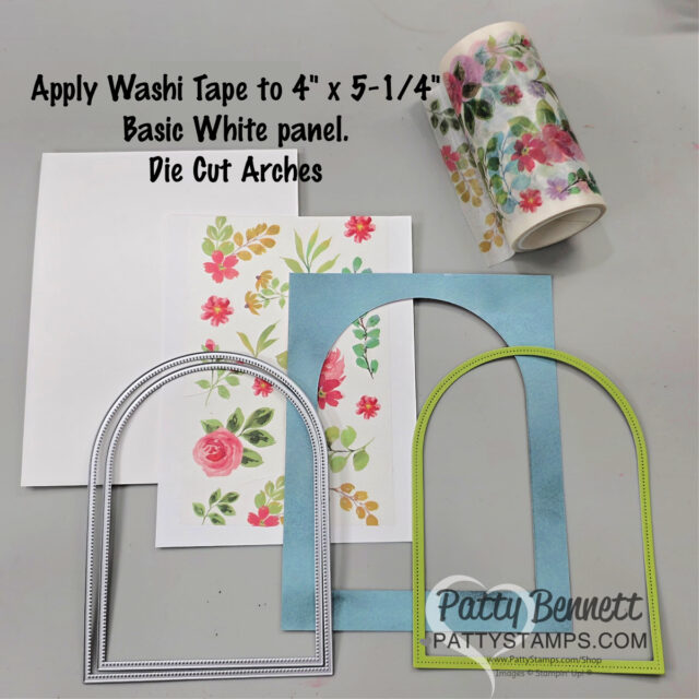 A floral washi tape roll, a white card panel with floral washi tape applied, two arched metal dies, a blue die-cut arch frame, and logo text: "Patty Bennett PattyStamps.com." Instructions for using washi tape and arch dies appear at the top. To read more, visit Patty Stamps (pattystamps.com)