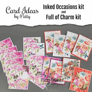 2 Paper Pumpkin Kits: A display of two handmade card sets on a gray background. The left set features pink and purple floral designs; the right set includes colorful bouquets and orange floral arrangements. Text above reads: "Card Ideas by Patty: Inked Occasions kit and Full of Charm kit. To read more, visit Patty Stamps (pattystamps.com)
