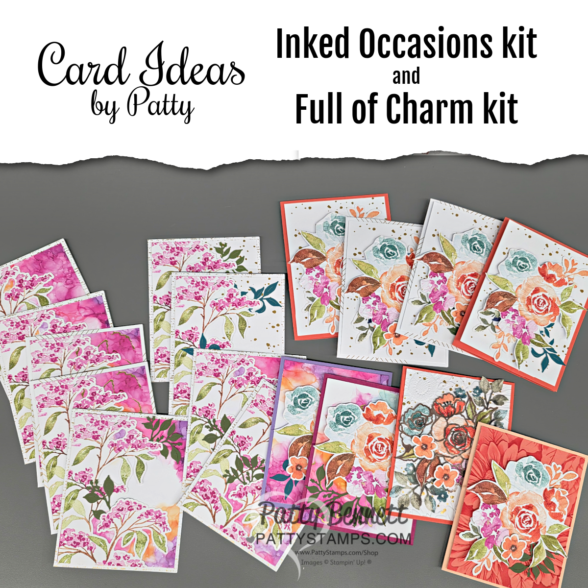 2 Paper Pumpkin Kits: A display of two handmade card sets on a gray background. The left set features pink and purple floral designs; the right set includes colorful bouquets and orange floral arrangements. Text above reads: "Card Ideas by Patty: Inked Occasions kit and Full of Charm kit. To read more, visit Patty Stamps (pattystamps.com)