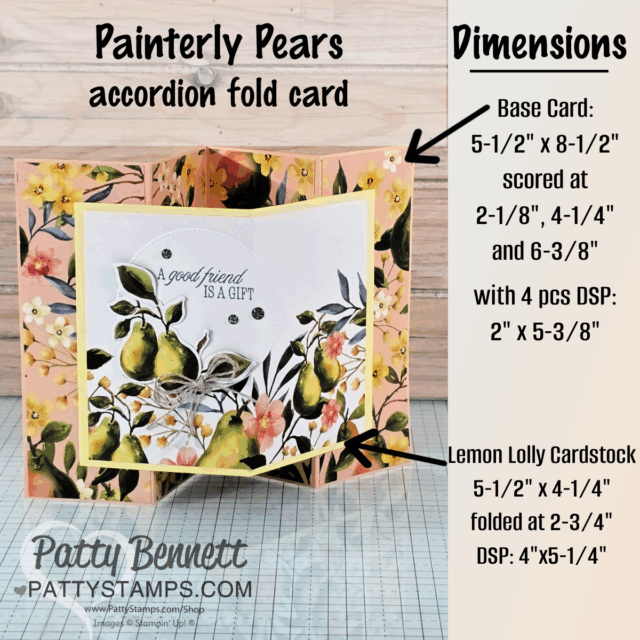 Accordion fold card with a floral and pear design, shown open on a wooden background. The card has step and dimension instructions overlaid, detailing measurements for the base card, patterned paper, and Lemon Lolly cardstock. To read more, visit Patty Stamps (pattystamps.com)