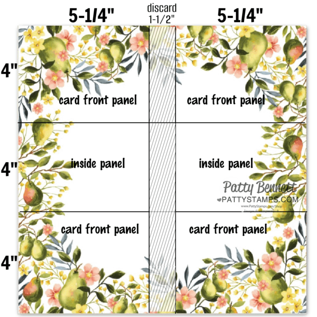 A floral and pear-themed paper is divided into six sections: three on the left for "card front panel," "inside panel," "card front panel," and three on the right for "card front panel," "inside panel," "card front panel." Dimensions and a discard strip are labeled. To read more, visit Patty Stamps (pattystamps.com)