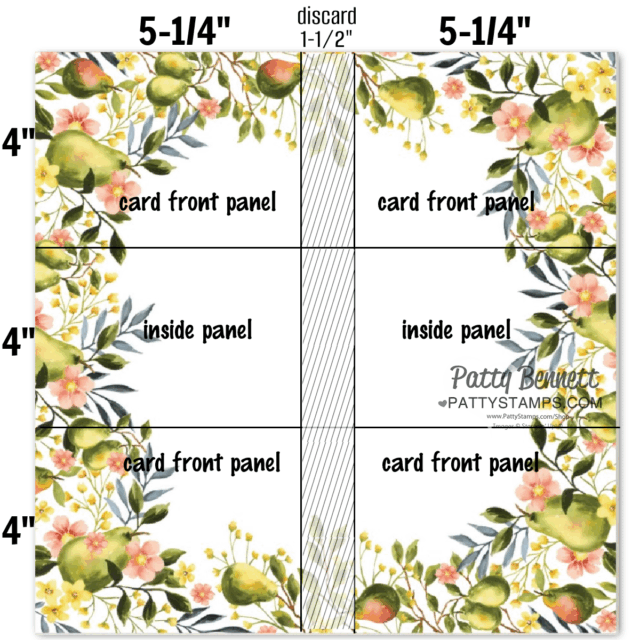 A square floral paper template marked for cutting and folding into a card. Sections are labeled “card front panel” and “inside panel.” Top center is labeled “discard 1-1/2".” Dimensions 5-1/4” wide and 4” tall are noted. Floral design features green and pink watercolor flowers. To read more, visit Patty Stamps (pattystamps.com)