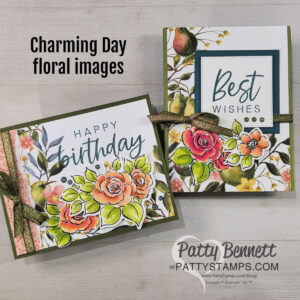 Two handmade greeting cards decorated with colorful floral artwork and shiny gold ribbons are shown. One card says “Happy birthday” with peach and yellow flowers, the other says “Best wishes” with similar floral accents and fruit. Text reads: "Charming Day floral images. To read more, visit Patty Stamps (pattystamps.com)