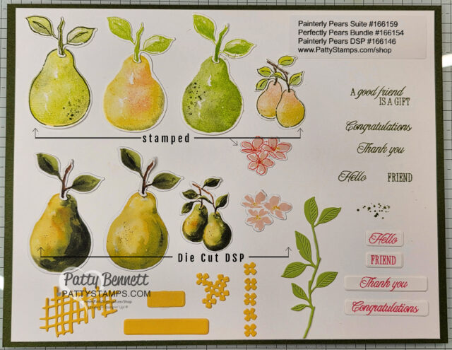 A crafting sheet displays illustrated pears, blossoms, and leaves in various colors, with both stamped and die-cut examples. Sentiments like “Congratulations,” “Thank you,” and “A good friend is a gift” are shown in assorted fonts and colors. To read more, visit Patty Stamps (pattystamps.com)