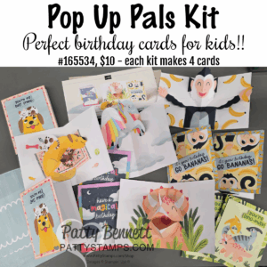 A variety of colorful, animal-themed birthday cards are spread out on a table, featuring cheerful designs like a lion, monkey, and unicorn. The text above reads, "Pop Up Pals Kit—Perfect birthday cards for kids!! $10—each kit makes 4 cards. To read more, visit Patty Stamps (pattystamps.com)