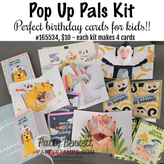Pop Up cards for birthday cards for kids. A variety of colorful, animal-themed birthday cards are spread out on a table, featuring cheerful designs like a lion, monkey, and unicorn. The text above reads, "Pop Up Pals Kit—Perfect birthday cards for kids!! $10—each kit makes 4 cards. To read more, visit Patty Stamps (pattystamps.com)