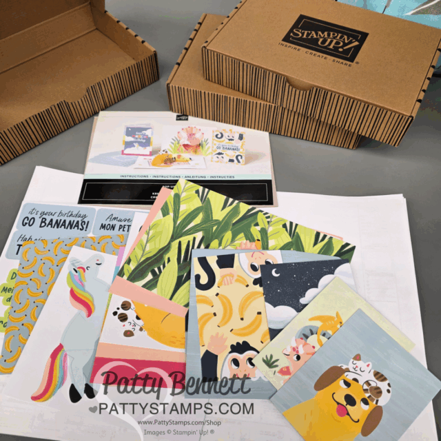 A tabletop displays open brown boxes, colorful greeting cards with animals and bananas, instructional sheets, and marketing materials from Stampin’ Up! Cards feature a unicorn, dogs, cats, tropical leaves, and bananas. "Patty Bennett" branding appears at the bottom. To read more, visit Patty Stamps (pattystamps.com)
