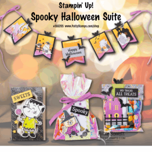 Stampin' UP! Halloween Treats. A festive Halloween craft display features a banner with cartoon cats, witches, and jack-o’-lanterns, plus three treat packages decorated with Halloween-themed images, including a cat costume, candy, and phrases like “Sweets” and “No Tricks All Treats.”. To read more, visit Patty Stamps (pattystamps.com)