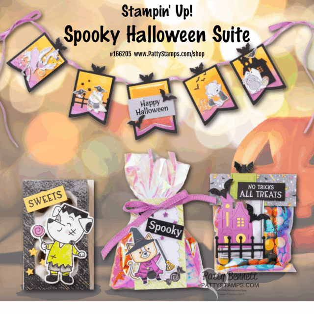Stampin' UP! Halloween Treats. A festive Halloween craft display features a banner with cartoon cats, witches, and jack-o’-lanterns, plus three treat packages decorated with Halloween-themed images, including a cat costume, candy, and phrases like “Sweets” and “No Tricks All Treats.”. To read more, visit Patty Stamps (pattystamps.com)