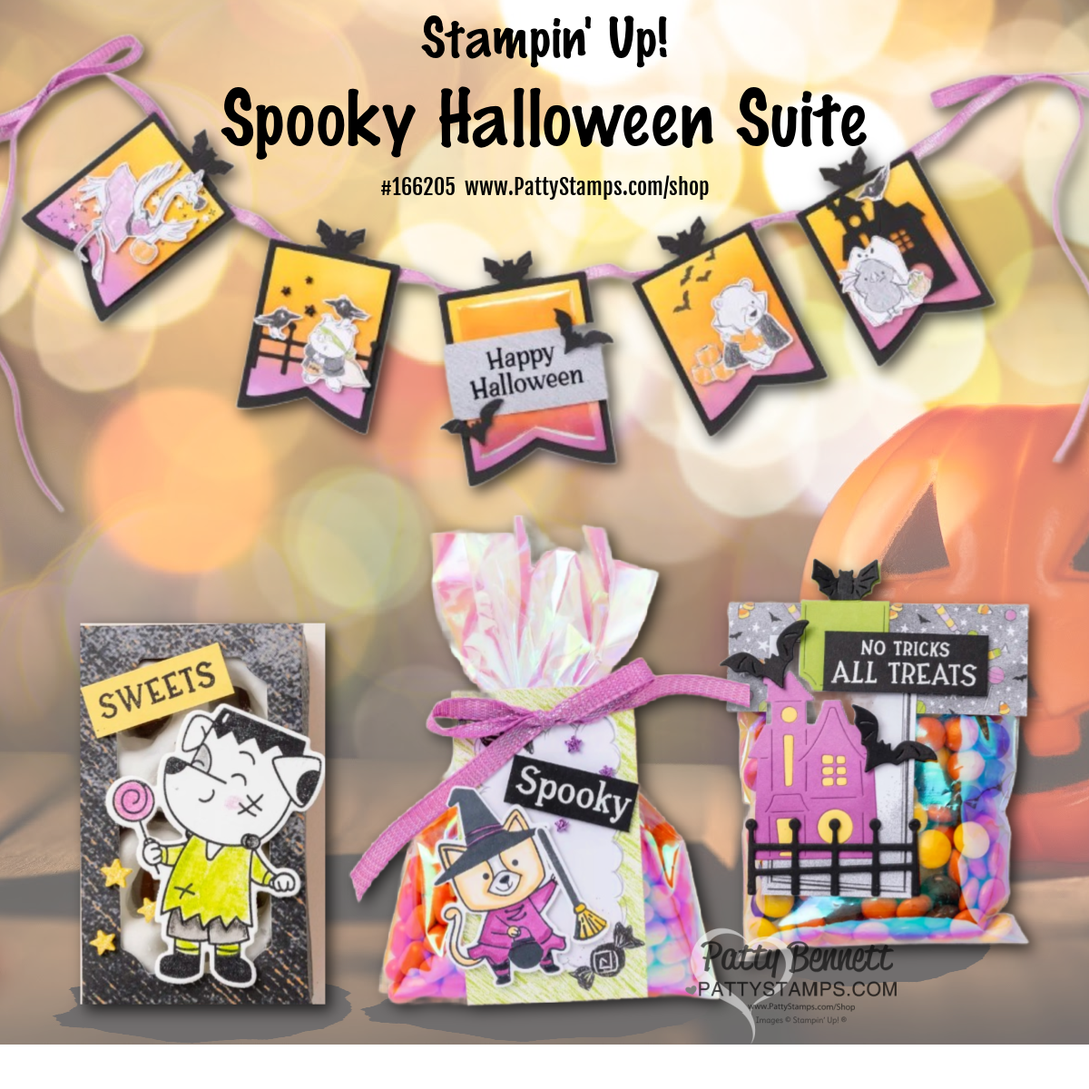 Stampin' UP! Halloween Treats. A festive Halloween craft display features a banner with cartoon cats, witches, and jack-o’-lanterns, plus three treat packages decorated with Halloween-themed images, including a cat costume, candy, and phrases like “Sweets” and “No Tricks All Treats.”. To read more, visit Patty Stamps (pattystamps.com)