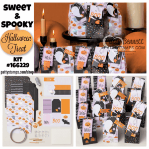 New Papercrafting kit. Collage of Halloween treat bags featuring ghost, pumpkin, and "BOO" designs with black, orange, and purple accents. Top: treats by candles; bottom left: kit contents; bottom right: several decorated bags displayed together. Text promotes a "Sweet & Spooky" treat kit. To read more, visit Patty Stamps (pattystamps.com)