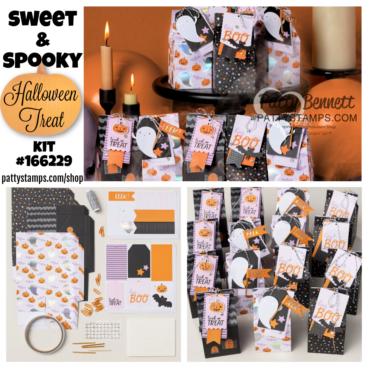 New Papercrafting kit. Collage of Halloween treat bags featuring ghost, pumpkin, and "BOO" designs with black, orange, and purple accents. Top: treats by candles; bottom left: kit contents; bottom right: several decorated bags displayed together. Text promotes a "Sweet & Spooky" treat kit. To read more, visit Patty Stamps (pattystamps.com)