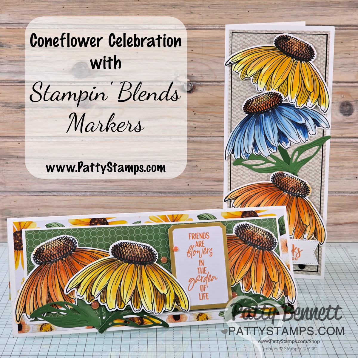 Two handmade cards decorated with large, colorful coneflowers—one upright, one flat. Both feature blue, yellow, and orange petals, green leaves, honeycomb backgrounds, and a sentiment: “Friends are flowers in the garden of life.” Text advertises Stampin Blends Markers. To read more, visit Patty Stamps (pattystamps.com)