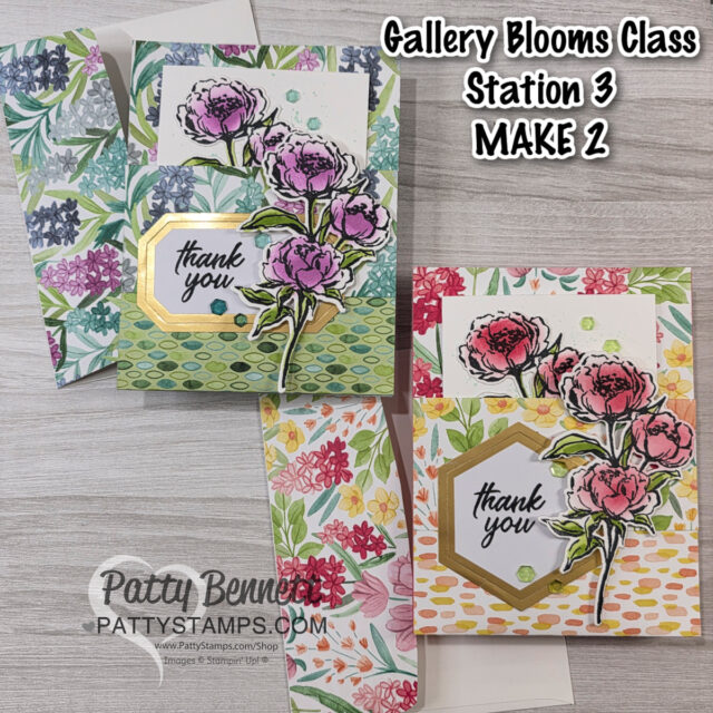 Two handmade floral greeting cards and matching envelopes lie on a wooden surface. Each card features layered pink and purple stamped flowers, leafy backgrounds, and a “thank you” message on a hexagonal label. The designs are colorful and intricate. To read more, visit Patty Stamps (pattystamps.com)