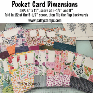 Pocket Card dimensions.. A variety of colorful, floral-patterned paper cards are laid out on a desk, each with a white rectangular insert. Instructions for making pocket cards are shown above the cards, including dimensions and steps. Black flower stamp images and tools are visible in the background. To read more, visit Patty Stamps (pattystamps.com)