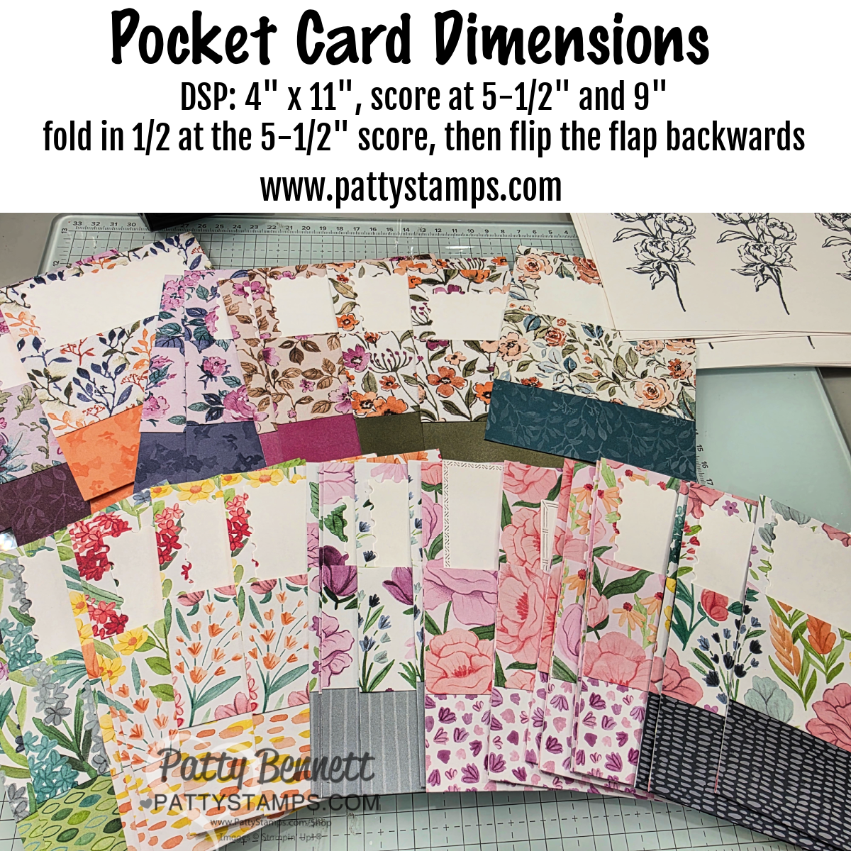 Pocket Card dimensions.. A variety of colorful, floral-patterned paper cards are laid out on a desk, each with a white rectangular insert. Instructions for making pocket cards are shown above the cards, including dimensions and steps. Black flower stamp images and tools are visible in the background. To read more, visit Patty Stamps (pattystamps.com)