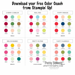 A Stampin' Up! color coach chart showing six color swatches (Cherry Cobbler, Real Red, Poppy Parade, Melon Mambo, Pretty in Pink, Flirty Flamingo). Each swatch lists three suggested color combos using colored circles and text. "Download your Free Color Coach" is written at the top. To read more, visit Patty Stamps (pattystamps.com)