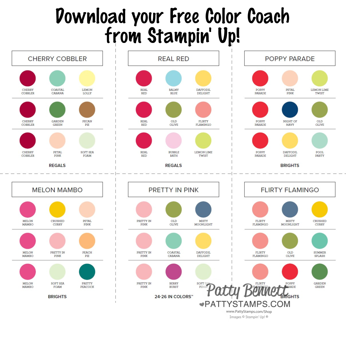 A Stampin' Up! color coach chart showing six color swatches (Cherry Cobbler, Real Red, Poppy Parade, Melon Mambo, Pretty in Pink, Flirty Flamingo). Each swatch lists three suggested color combos using colored circles and text. "Download your Free Color Coach" is written at the top. To read more, visit Patty Stamps (pattystamps.com)