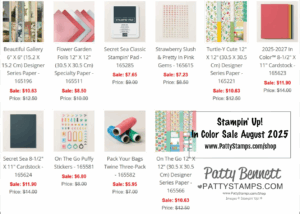 A selection of Stampin’ Up! craft supplies on sale, including patterned papers, stickers, and twine. Each product shows its original and sale prices, and below is a notice for the Stampin’ Up! In Color Sale August 2025 from pattystamps.com. To read more, visit Patty Stamps (pattystamps.com)