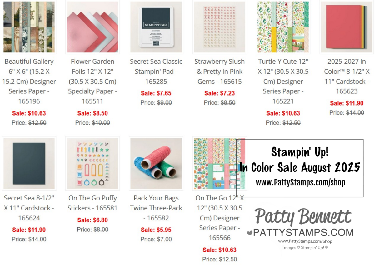 A selection of Stampin’ Up! craft supplies on sale, including patterned papers, stickers, and twine. Each product shows its original and sale prices, and below is a notice for the Stampin’ Up! In Color Sale August 2025 from pattystamps.com. To read more, visit Patty Stamps (pattystamps.com)