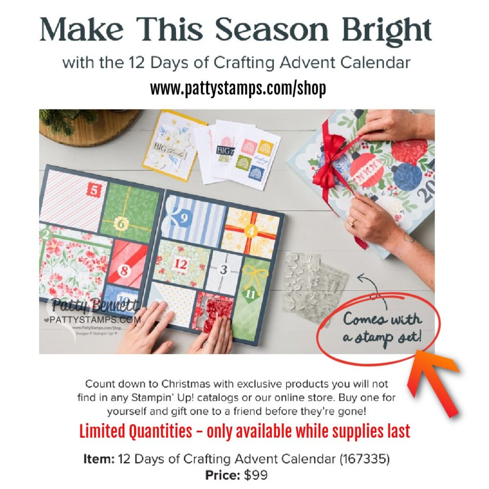 A person opens a blue advent calendar displaying colorful, numbered doors and receives cards and crafting materials. A red arrow points to a pink circle with the text, “Comes with a stamp set!” Promo text and website info appear above and below the image. To read more, visit Patty Stamps (pattystamps.com)