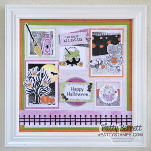 Spooky Sweet Halloween Collage. A Halloween-themed collage in a white frame features hand-stamped images: a witch's hat, broom, black cat, cauldron, bat, pumpkins, tree, frog, and "Happy Halloween" in the center, all in purple, green, orange, and black colors. "PattyStamps.com" is at the corner. To read more, visit Patty Stamps (pattystamps.com)