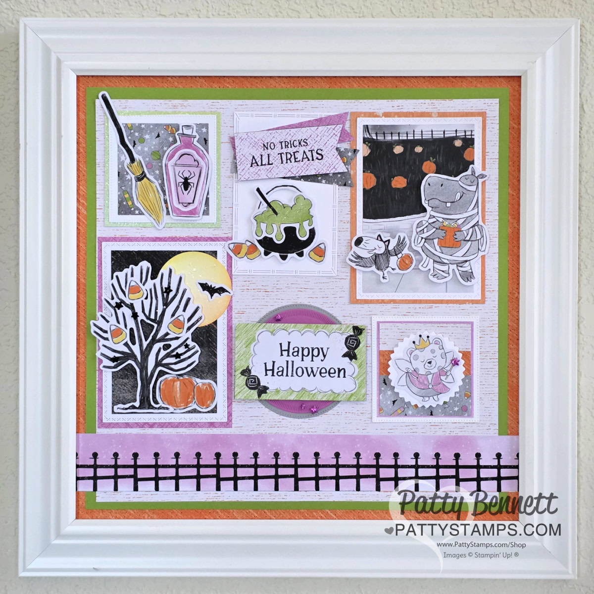 Spooky Sweet Halloween Collage. A Halloween-themed collage in a white frame features hand-stamped images: a witch's hat, broom, black cat, cauldron, bat, pumpkins, tree, frog, and "Happy Halloween" in the center, all in purple, green, orange, and black colors. "PattyStamps.com" is at the corner. To read more, visit Patty Stamps (pattystamps.com)