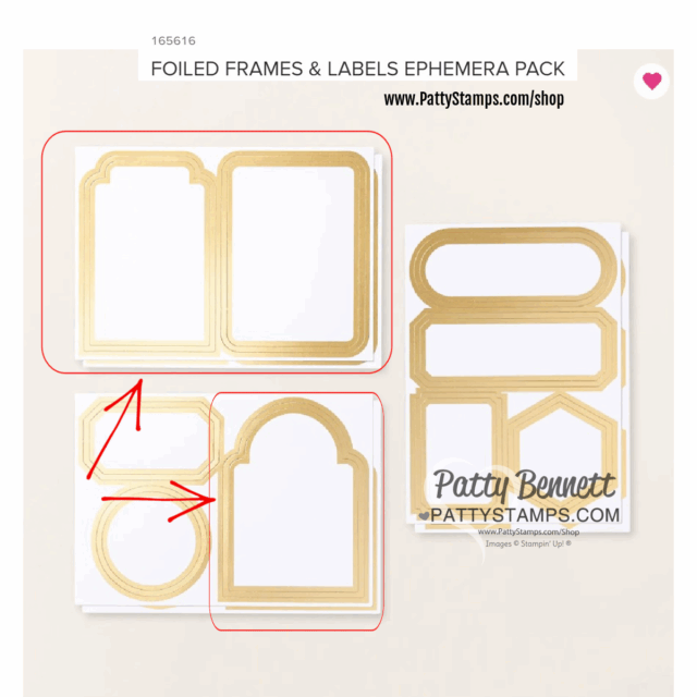 A set of white paper labels with gold-foiled frames in various shapes—rectangles, arches, and circles—displayed on a cream background. Two red arrows and boxes highlight different label designs. "Patty Bennett" and website details appear at the bottom. To read more, visit Patty Stamps (pattystamps.com)
