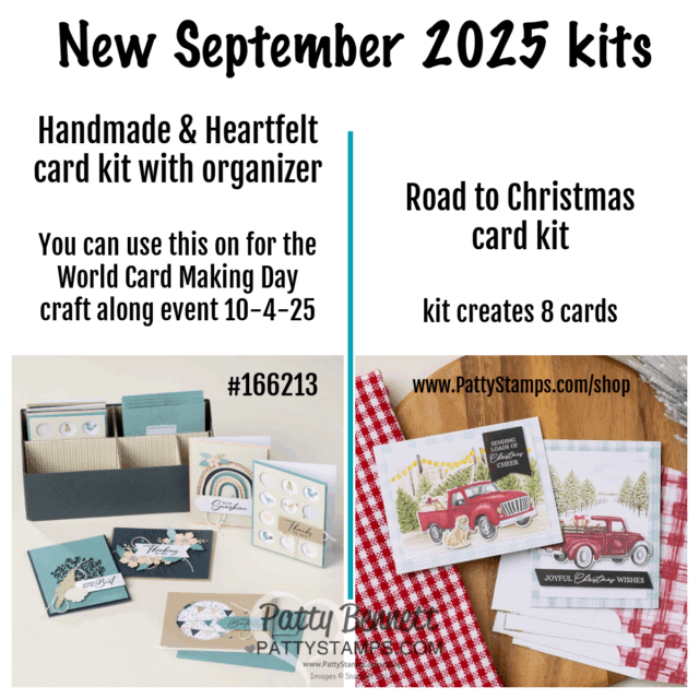 Promotional image for two September 2025 card kits. Left: “Handmade & Heartfelt card kit with organizer,” photo shows pastel cards and an organizer box. Right: “Road to Christmas card kit,” with vintage red truck holiday cards. Website and dates are listed. To read more, visit Patty Stamps (pattystamps.com)