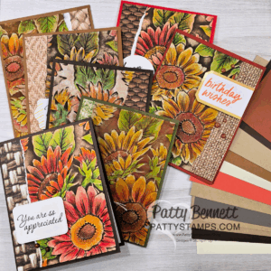 A display of handmade autumn-themed greeting cards featuring sunflowers, leaves, rustic textures, and warm earth tones. Two cards have messages: “You are so appreciated” and “birthday wishes.” Several matching colored cardstock sheets are arranged to the side. To read more, visit Patty Stamps (pattystamps.com)