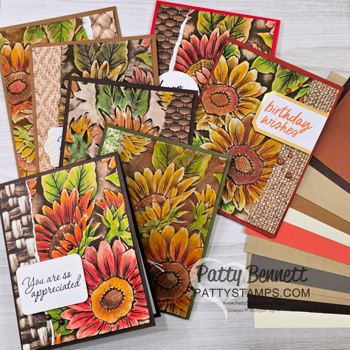 A display of handmade autumn-themed greeting cards featuring sunflowers, leaves, rustic textures, and warm earth tones. Two cards have messages: “You are so appreciated” and “birthday wishes.” Several matching colored cardstock sheets are arranged to the side. To read more, visit Patty Stamps (pattystamps.com)