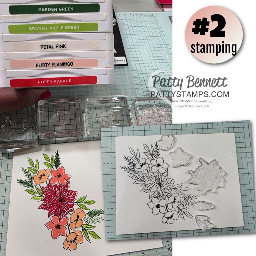 A hand holds four stacked ink pads labeled Garden Green, Granny Apple Green, Petal Pink, and Flirty Flamingo above clear stamps and stamped floral images. One image is colored, the other is black-and-white. A "#2 stamping" graphic and "Patty Bennett pattystamps.com" text are also visible. To read more, visit Patty Stamps (pattystamps.com)
