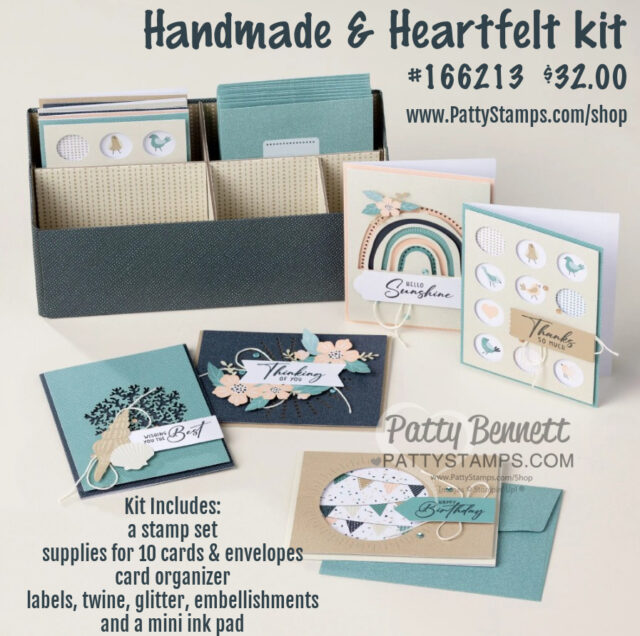 A handmade card kit is displayed with a blue organizer box holding cards and envelopes. Four finished cards with nature and gratitude themes, plus supplies like stamps, twine, labels, and a mini ink pad, are arranged in front. Text details the kit contents and price. To read more, visit Patty Stamps (pattystamps.com)