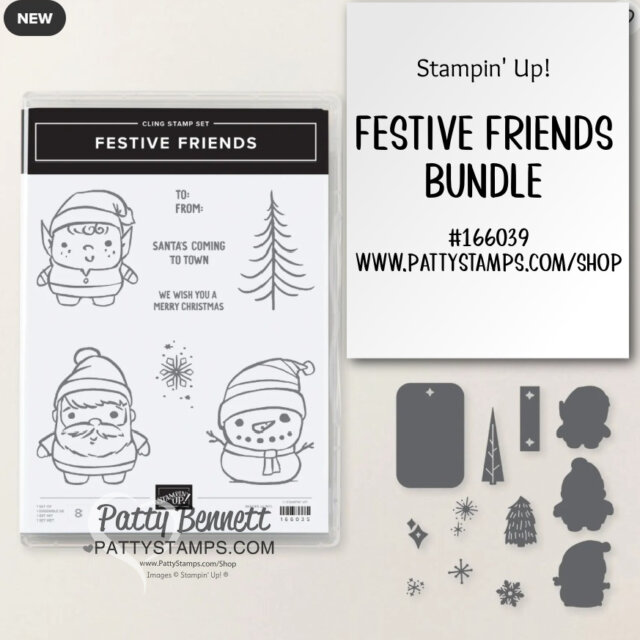 A Stampin’ Up! Festive Friends cling stamp set and metal dies bundle. The stamps feature cartoon images of Santa, a bear, a penguin, and a Christmas tree, plus holiday greetings. Metal dies for cutting out the shapes are displayed beside the stamp set. To read more, visit Patty Stamps (pattystamps.com)