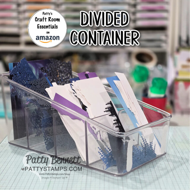 A clear plastic divided container holds organized paper pieces in various colors and designs. Labels read “DIVIDED CONTAINER” and “Patty’s Craft Room Essentials on Amazon.” The background shows a colorful, blurred craft room workspace. To read more, visit Patty Stamps (pattystamps.com)