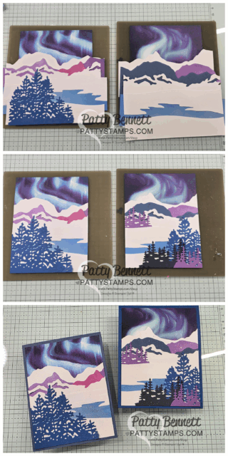 A step-by-step collage shows how to create a handmade card featuring mountains, trees, and a colorful aurora sky with layered die-cut papers in shades of blue, pink, and purple. Each photo shows the card at different assembly stages on a grid surface. To read more, visit Patty Stamps (pattystamps.com)