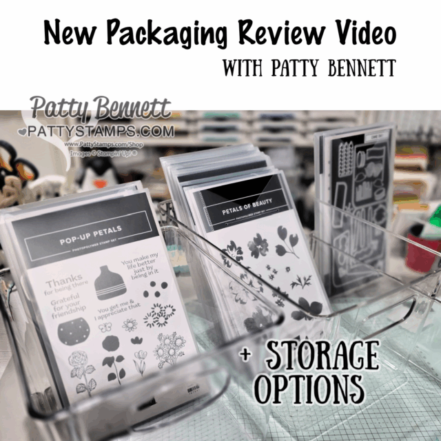 New Stamp Die packaging. Clear bins holding sets of craft stamps with floral and pop-up petal designs are displayed on a desk. Text reads, “New Packaging Review Video with Patty Bennett + Storage Options.” Plants and craft supplies are blurred in the background. To read more, visit Patty Stamps (pattystamps.com)