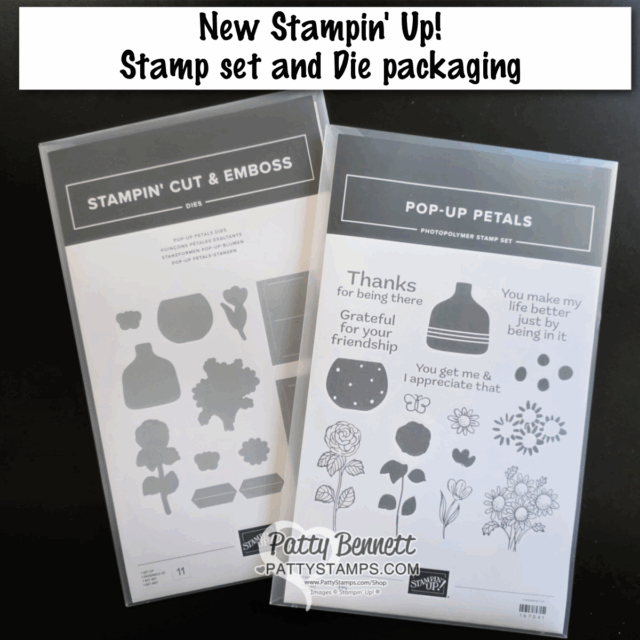 Two plastic Stampin’ Up! stamp and die packaging sleeves are displayed. The left sleeve shows labeled metal dies, while the right features flower and foliage stamp images with related sentiments. Both have black and white printed inserts and “Patty Stamps” watermark at bottom. To read more, visit Patty Stamps (pattystamps.com)