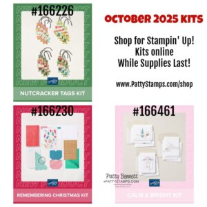 Three Stampin' Up! craft kits for October 2025 are shown. The Nutcracker Tags Kit features nutcracker tags. Remembering Christmas Kit has cards and tags in red, green, and blue. Calm & Bright Kit displays white cards with blue, silver, and tree designs. To read more, visit Patty Stamps (pattystamps.com)