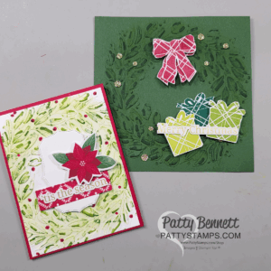 Two handmade Christmas cards: one green square card with embossed wreath, red plaid bow, three plaid gift boxes, "Merry Christmas" sentiment; one rectangular card with leaf background, red poinsettia, white label, and "'tis the season" greeting. To read more, visit Patty Stamps (pattystamps.com)