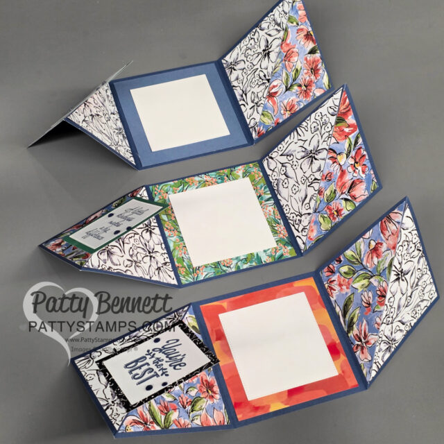 Three handmade, multi-panel greeting cards are unfolded on a gray surface. Each card has vibrant floral and patterned paper, white blank panels for messages, and decorative borders. One panel reads "You're the Best!" in black script. The cards overlap slightly. To read more, visit Patty Stamps (pattystamps.com)
