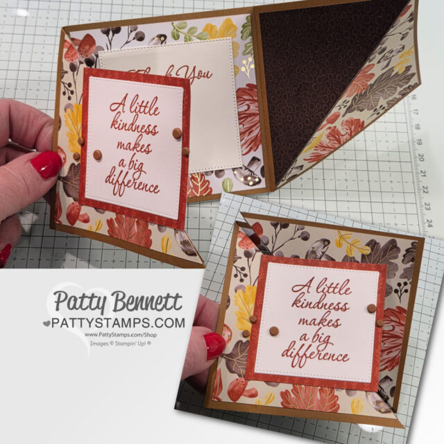 A handmade autumn-themed card features colorful leaves and acorns on patterned paper. The front reads, “A little kindness makes a big difference” in red script, bordered with orange and brown, accented by brown brads. “PattyStamps.com” watermark on the image. To read more, visit Patty Stamps (pattystamps.com)