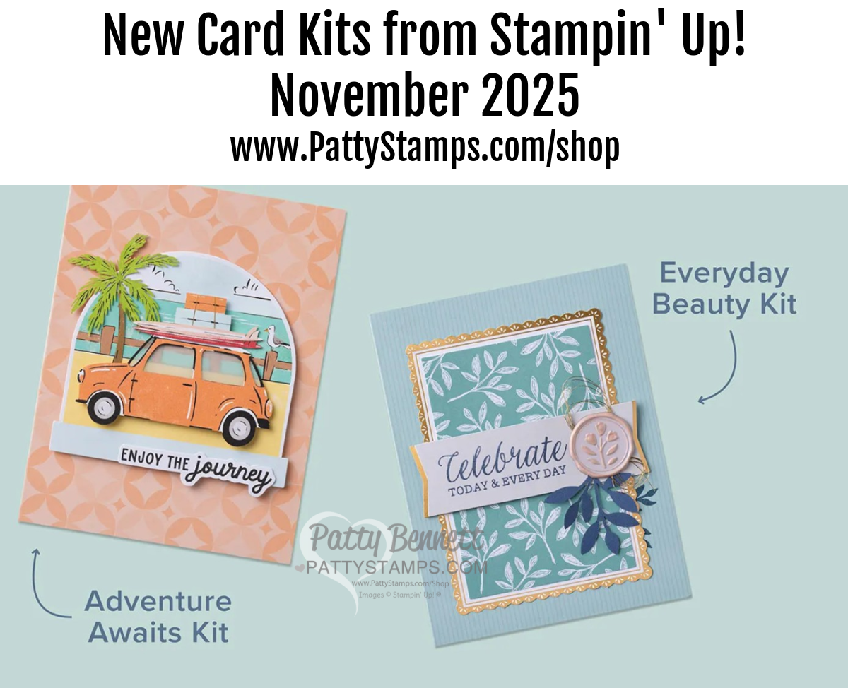 Two handmade greeting cards are displayed. The left card has a van, palm trees, and reads “Enjoy the journey”; the right card features leaves, a blue bow, and says “Celebrate Today & Every Day.” Text above advertises new card kits from Stampin' Up! for November 2025. To read more, visit Patty Stamps (pattystamps.com)