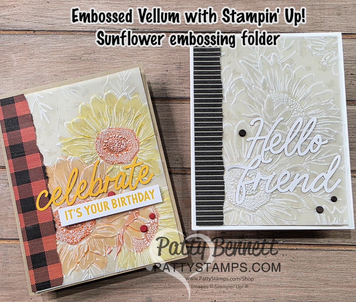 Two handmade greeting cards with embossed vellum sunflower designs are shown on a wooden surface. The left card says "celebrate IT'S YOUR BIRTHDAY" with plaid strips; the right card says "Hello friend" with dark stripes and brown dot accents. To read more, visit Patty Stamps (pattystamps.com)