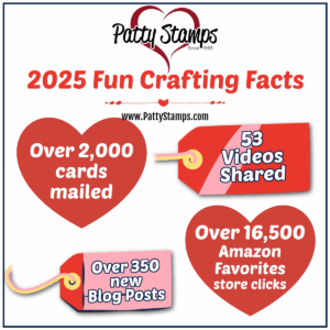 Infographic titled “2025 Fun Crafting Facts” from Patty Stamps. It features heart and tag shapes with these stats: Over 2,000 cards mailed, 53 videos shared, over 350 new blog posts, and over 16,500 Amazon Favorites store clicks. To read more, visit Patty Stamps (pattystamps.com)