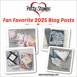 A collage highlights “Fan Favorite 2025 Blog Posts” from Patty Stamps. Four photos display colorful handmade floral and geometric greeting cards with various “thank you” and “you’re the best” messages. The Patty Stamps logo and website appear above and below. To read more, visit Patty Stamps (pattystamps.com)