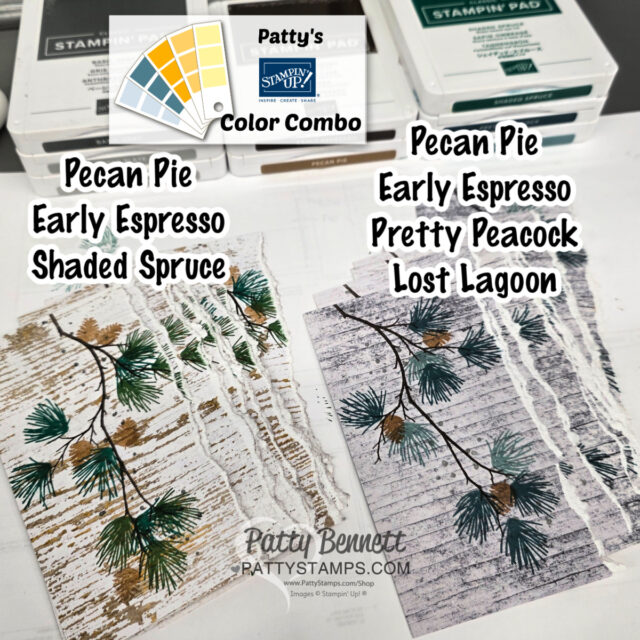 Two groups of hand-stamped cards with pine branch designs are shown. Each group uses different ink color combos, labeled above: left—Pecan Pie, Early Espresso, Shaded Spruce; right—Pecan Pie, Early Espresso, Pretty Peacock, Lost Lagoon. Ink pads are visible behind. To read more, visit Patty Stamps (pattystamps.com)