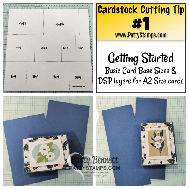 A cardstock cutting guide displays various white rectangles labeled with different dimensions, a yellow tip banner, and a website. Below, blue cardstock bases hold completed floral greeting cards with patterned layers, showing examples of A2 size card assembly. To read more, visit Patty Stamps (pattystamps.com)